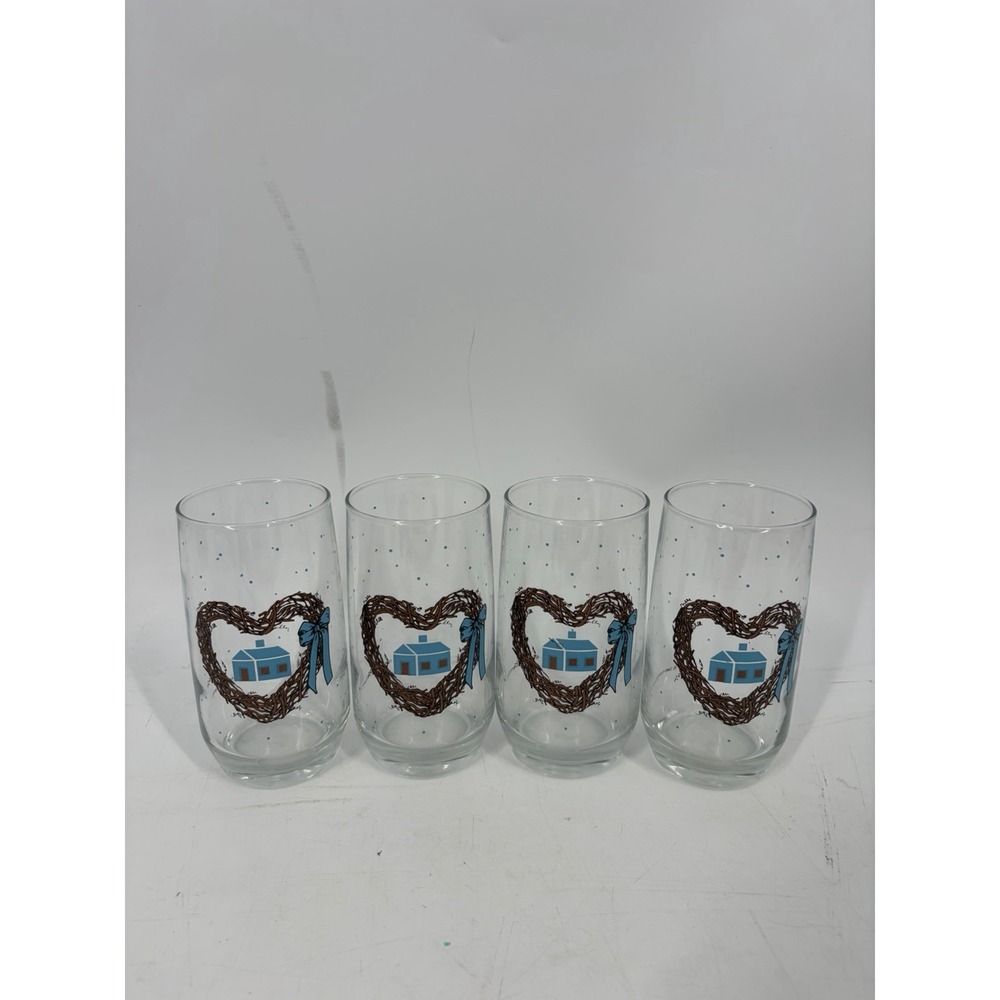 VTG 1988 Anchor Hocking Blue House Polka Dot Cottagecore Heart Glasses 4